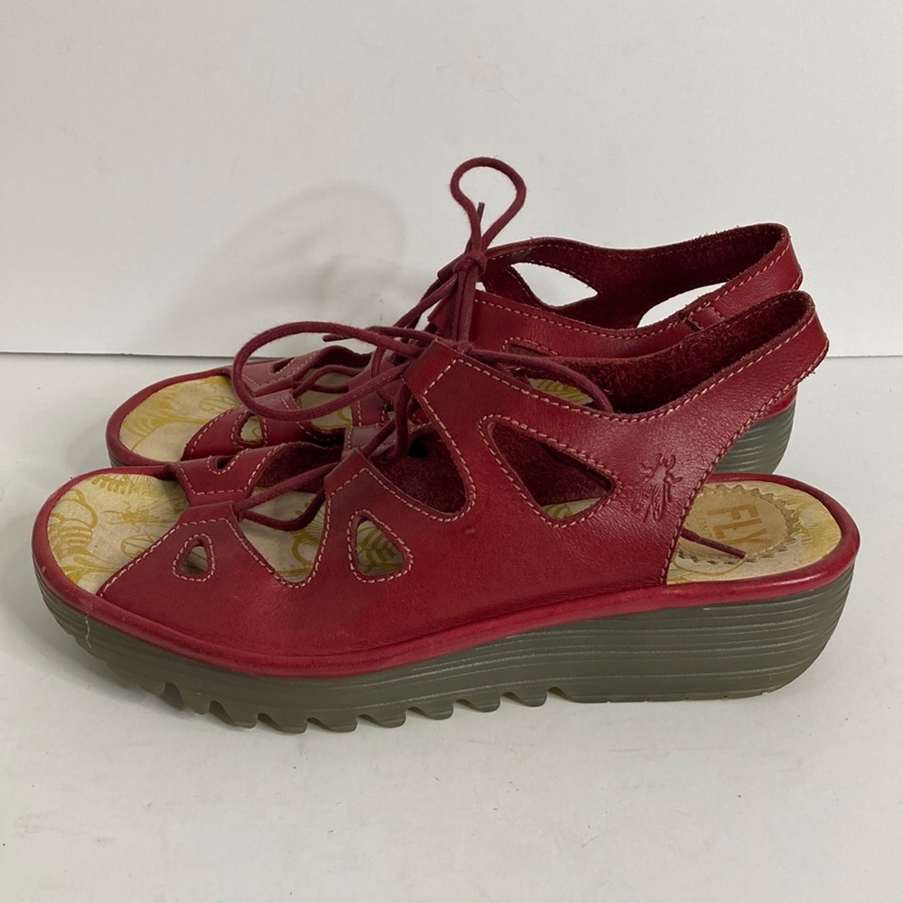 Fly London Sandals Womens 38 Red Leather Lace Up Platform Shoes Comfy - Picture 3 of 14